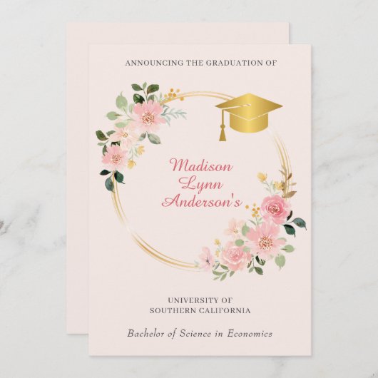 Aankondiging van het Afstuderen van roze Floral (Voorkant / Achterkant)