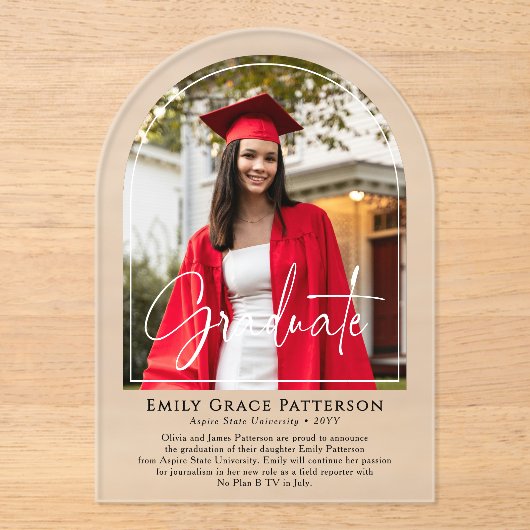 Aankondiging van het Photo Modern Arch Script Afst Acryl Uitnodigingen (Voorkant)