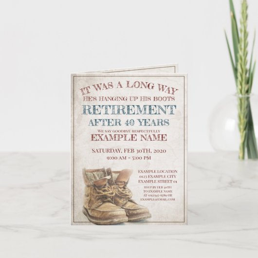 Aankondiging van pensionering met oude laarzen (Voorkant)