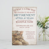 Aankondiging van pensionering met oude laarzen (Staand voorkant)