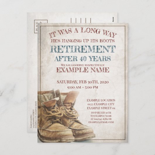 Aankondiging van pensionering met oude laarzen (Voorkant / Achterkant)