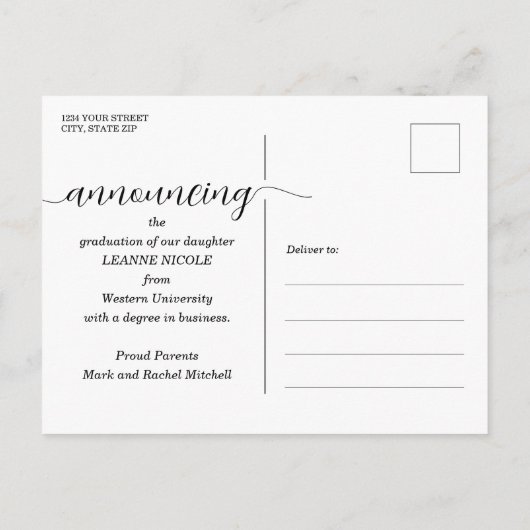 Aankondiging van script-Afstuderen Briefkaart (Achterkant)