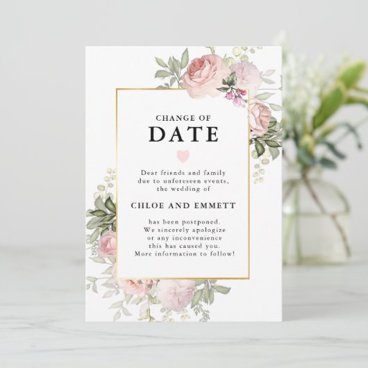 Aankondiging van wijziging van datum roze huwelijk (Staand voorkant)