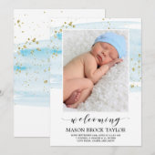 Aankondiging waterverf Blue & Gold Photo Birth (Voorkant / Achterkant)