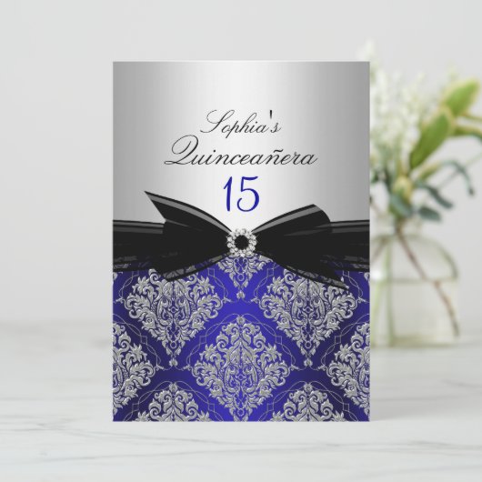 Aankondigingen blauw en zilver Damask Quinceanera (Staand voorkant)