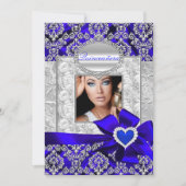 Aankondigingen blauw en zilver Damask Quinceanera (Voorkant)