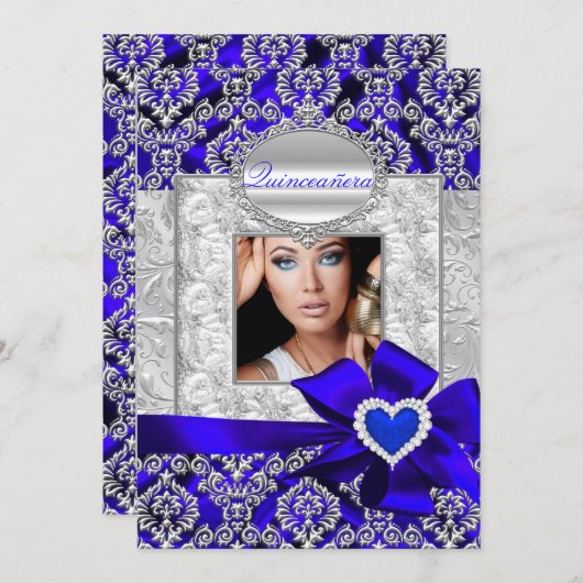 Aankondigingen blauw en zilver Damask Quinceanera (Voorkant / Achterkant)
