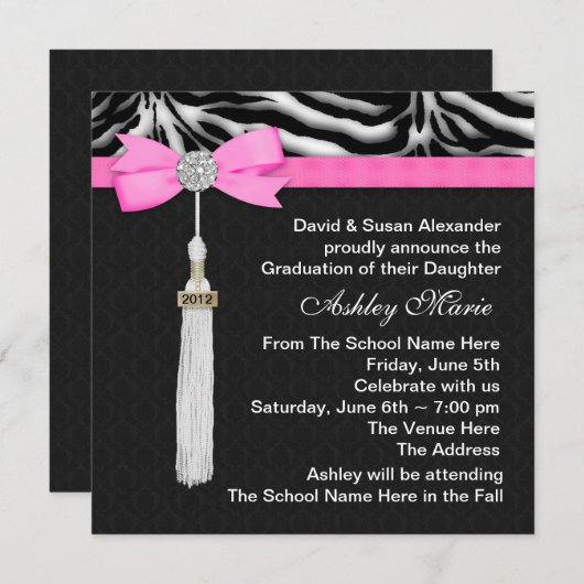 Aankondigingen van Hot Pink Zebra-afstuderen (Voorkant / Achterkant)