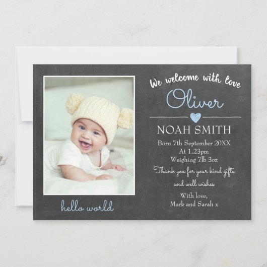 Aankondigingskaart voor nieuwe babyjongen/hartelij aankondiging (Voorkant)