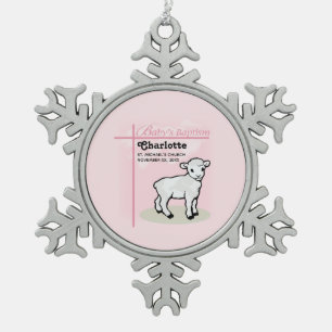 Aanpasbaar, Doop, Roze, Meisje, Lam Tin Sneeuwvlok Ornament