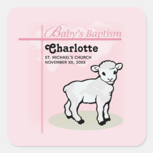 Aanpasbaar, Doop, Roze, Meisje, Lam Vierkante Sticker