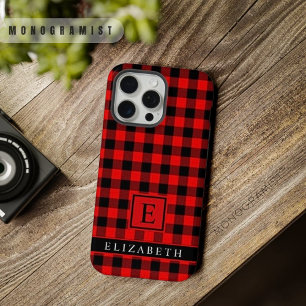 Aanpasbaar zwart helder rood geruit patroon iPhone 15 pro max hoesje