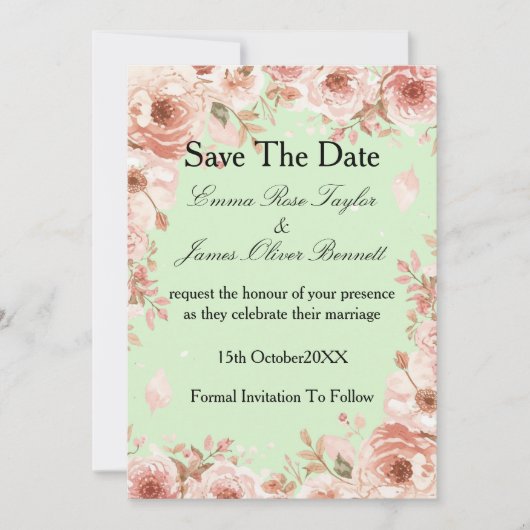 Aanpasbare bloemige roze rozen Save the Date Kaart (Voorkant)