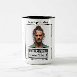 Aanpasbare foto naam gevangenis grappige mugshot tweekleurige koffiemok