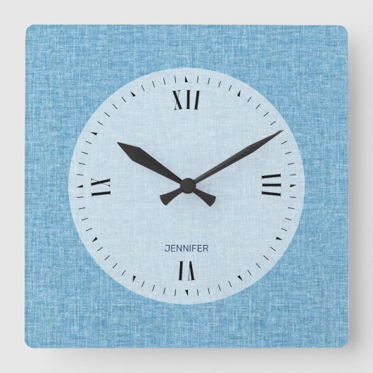 Aanpasbare Lichtblauwe Faux Linnen Print Vierkante Klok (Voorkant)