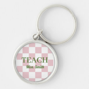 Aanpasbare naam Teach Tote Schattig Roze Geruit Sleutelhanger