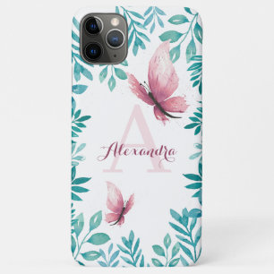 Aanpasbare naam waterverf roze vlinder iPhone 11 pro max hoesje
