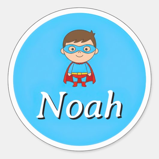 Aanpasbare Ronde Kindernaam Sticker – Superheld (Voorkant)