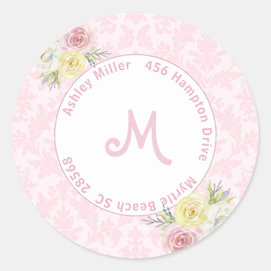 Aanpasbare Roze Aquarel Bloemen Adres Ronde Sticker (Voorkant)