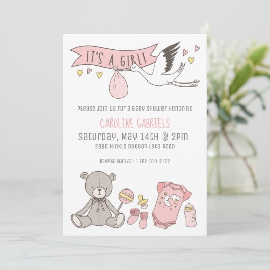 Aanpasbare Roze Het is een Meisje Baby Shower Kaart (Staand voorkant)