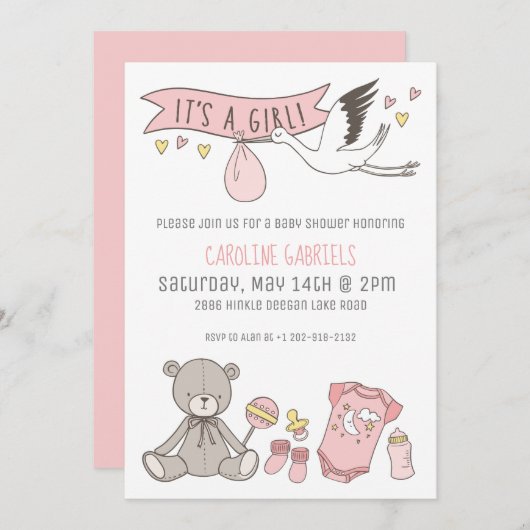 Aanpasbare Roze Het is een Meisje Baby Shower Kaart (Voorkant / Achterkant)