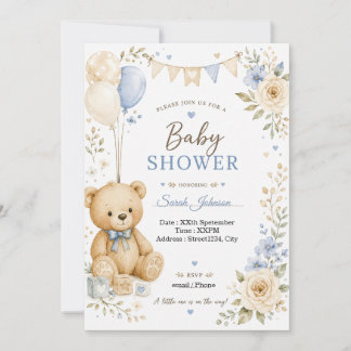 Aanpasbare teddybeer babyshower uitnodiging