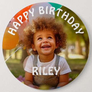 Aanpasbare verjaardagsbutton met foto en naam ronde button 6,0 cm