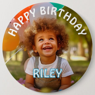Aanpasbare verjaardagsbutton met foto en naam ronde button 6,0 cm