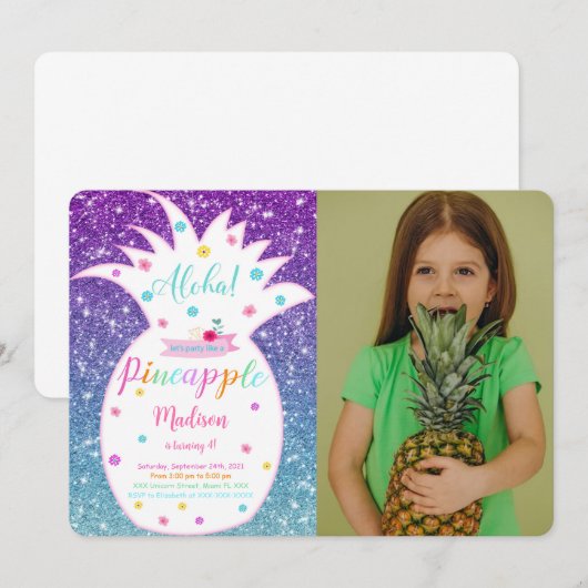 Aanpasbare verjaardagsfoto-uitnodiging met ananas kaart (Voorkant / Achterkant)