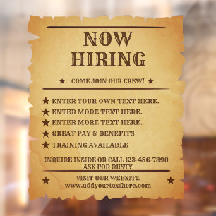 Aanpasbare Vintage Rustieke Algemene Nu Vacatures Raamsticker
