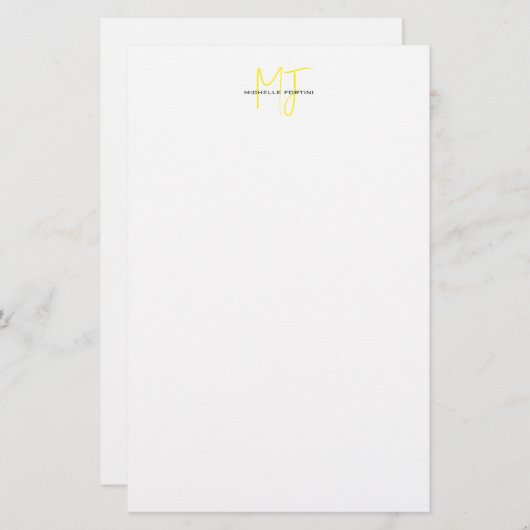 Aantrekkelijk Monogram Geel Wit Modern Minimalist Briefpapier (Voorkant / Achterkant)