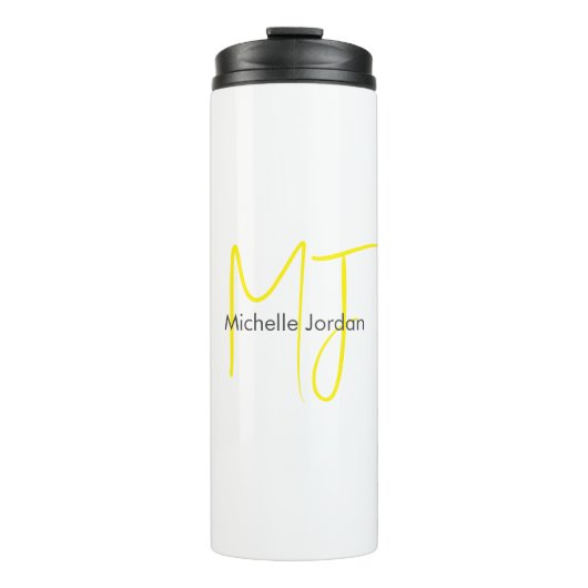 Aantrekkelijk Monogram Geel Wit Modern Minimalist Thermosbeker (Voorkant)