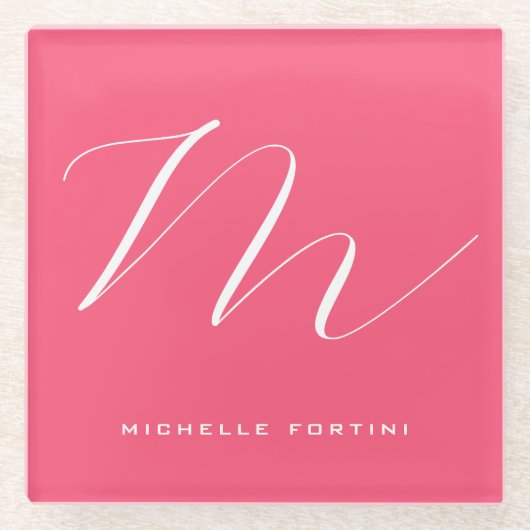 Aantrekkelijk Monogram Roze Wit Modern Plain Glazen Onderzetter (Voorkant)