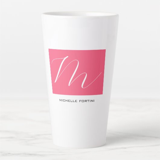 Aantrekkelijk Monogram Roze Wit Modern Plain Latte Mok (Voorkant)