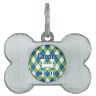Aantrekkelijke Blauwe Groene Argyle Framed Pet ID Huisdieren Naamplaatje