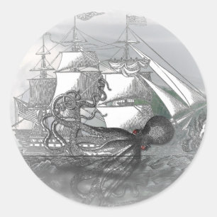 Aanval door reuzenoctopus ronde sticker