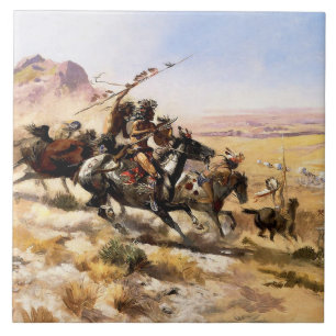 "Aanval op een Wagon Train" door Charles M Russell Tegeltje