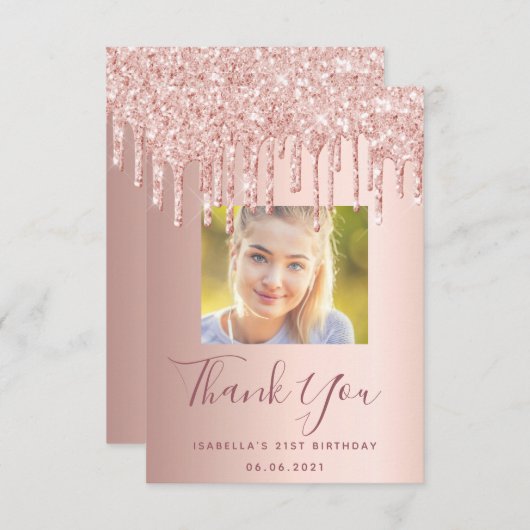 Aanvankelijke foto roos gouden roze glitter glazuu bedankkaart (Voorkant / Achterkant)