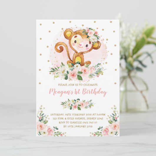 Aap 1e Verjaardag Blush Roze Bloemen Wild One Kaart (Staand voorkant)