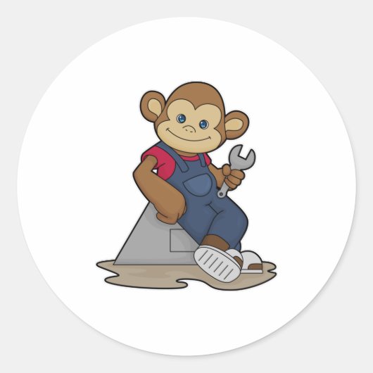 aap als Mechanisch met moersleutel Ronde Sticker (Voorkant)