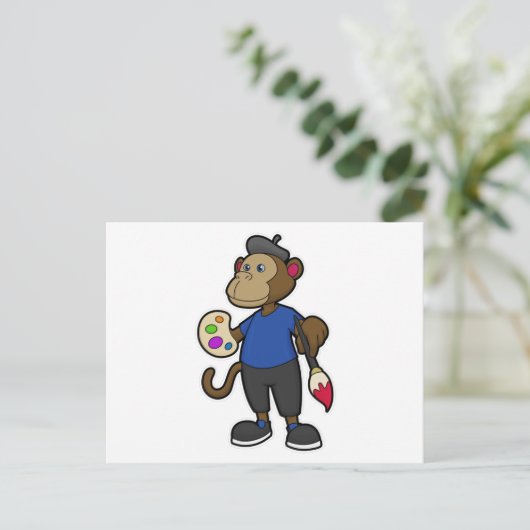 aap als schilder met verf en penseel briefkaart (Staand voorkant)
