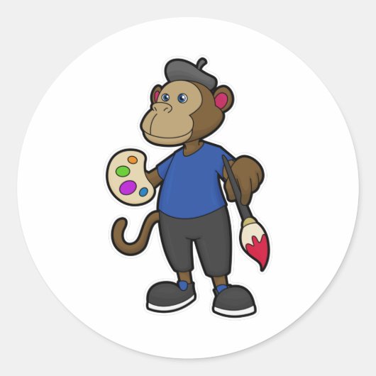 aap als schilder met verf en penseel ronde sticker (Voorkant)