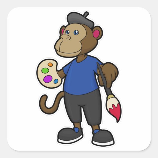 aap als schilder met verf en penseel vierkante sticker (Voorkant)