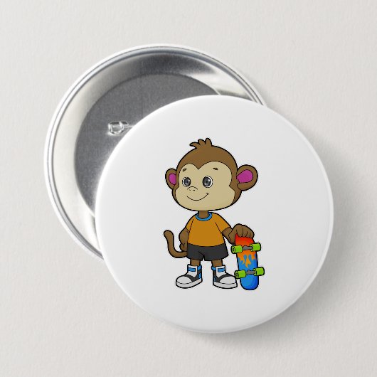 aap als Skater met skateboard Ronde Button 7,6 Cm (Voorkant /achterkant)