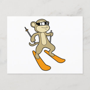Aap als skiër met skistok briefkaart