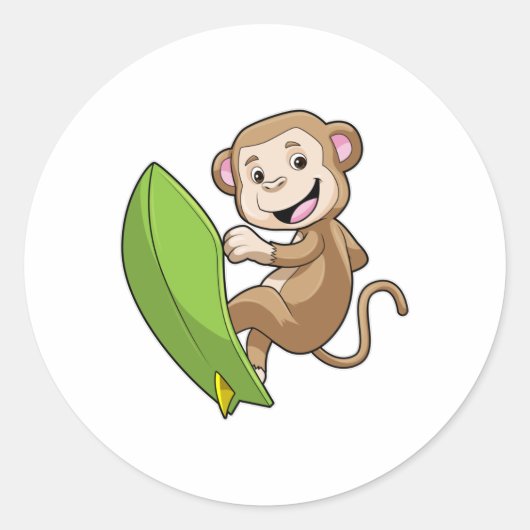 aap als Surfer met surfboard Ronde Sticker (Voorkant)