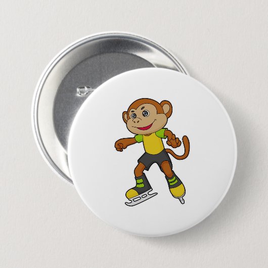aap bij ijsschaatsen met ijsschaatsen ronde button 7,6 cm (Voorkant /achterkant)