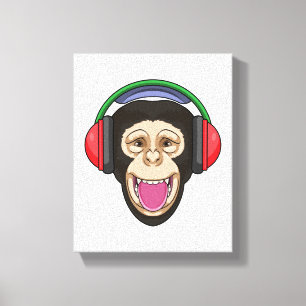 aap bij muziek met hoofdtelefoon canvas afdruk