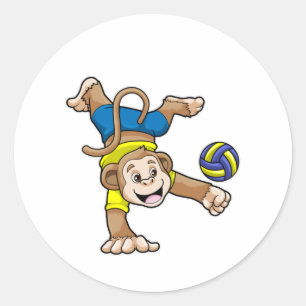 aap bij sport met volleybal ronde sticker
