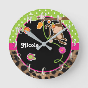 Aap & Bloemen Roze Groen Safari Chic Op Maat Gemaa Ronde Klok